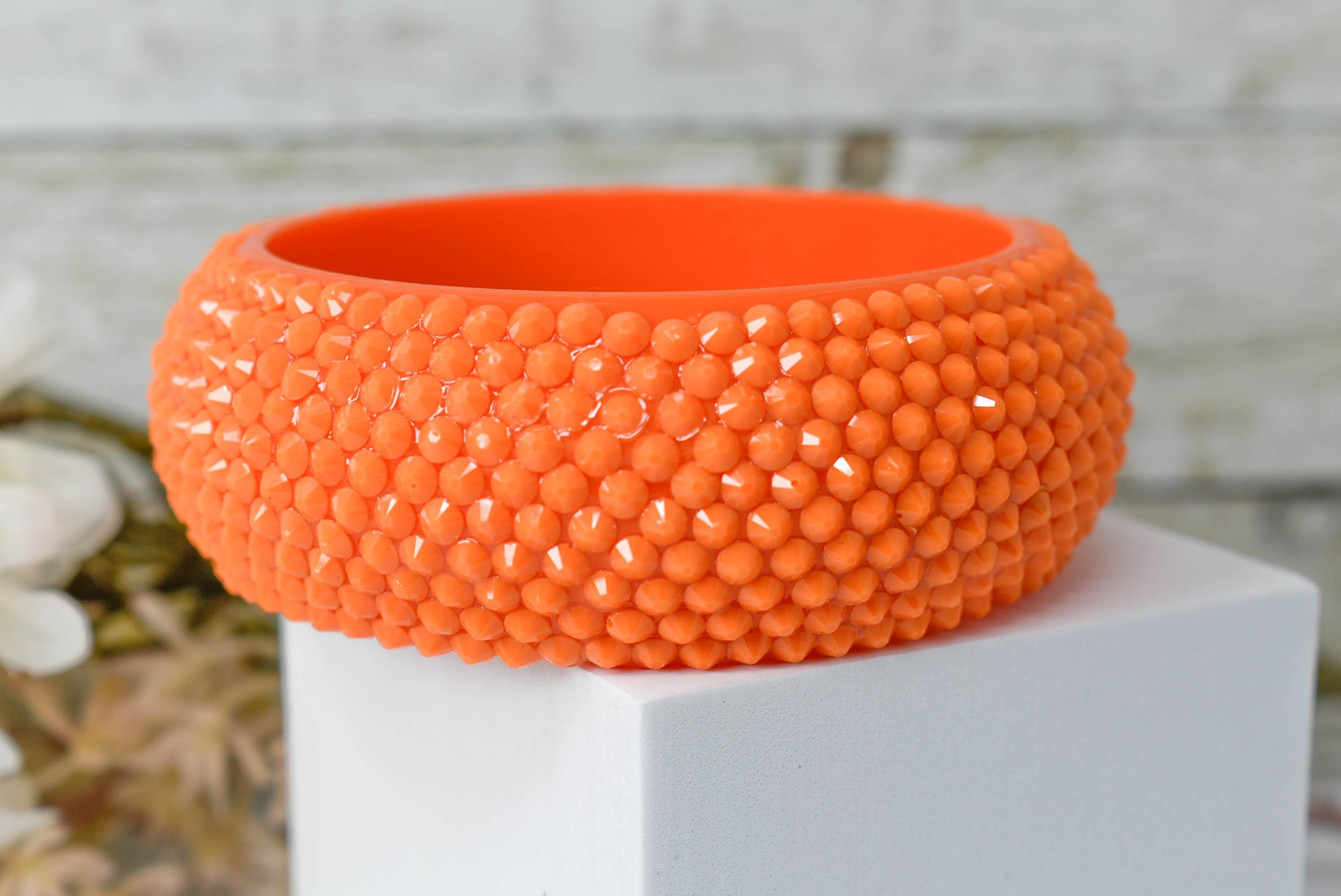 Retro Neon Orange Chunky Rhinestone Embellished Summer Bangle Bracelet Pageants Night Out Fashion Statement Bling Jewelry 80s
