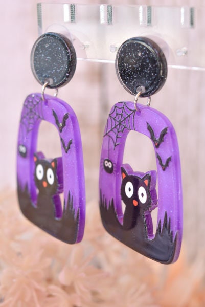 Abstract Shape Halloween Cute Cat Glitter Acrylic Purple Holiday Women Girls Dangle Earrings Emo Goth Steampunk