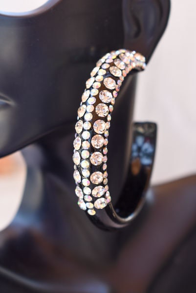 Black 5 Row Bling Statement Acrylic Lucite AB/Clear Rhinestones 2.5" Women's Hoop Earrings Pageant Weddings Night Out Diva Pageant