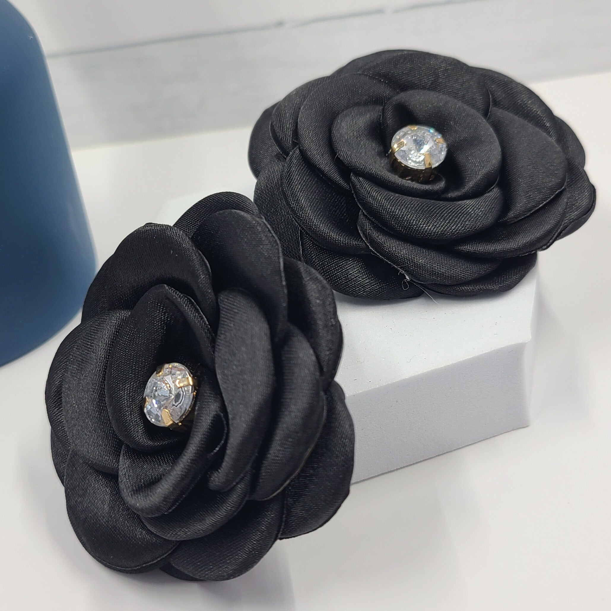 Boho Extra Large Satin Goth Emo Black Fabric Black Flower with Rhinestone Accent Stud Earrings Gift for Women