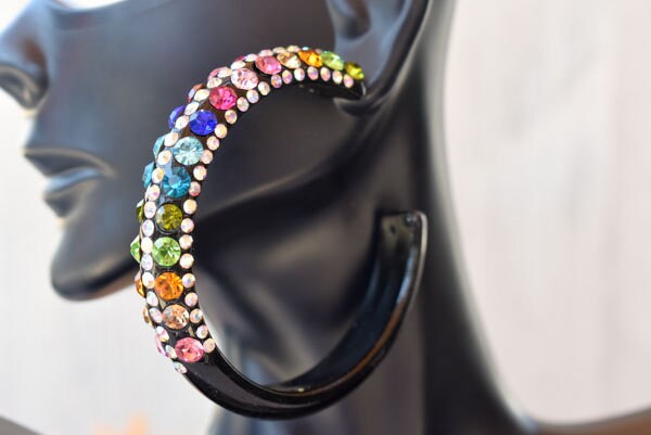 Black 5 Row Bling Statement Acrylic Lucite Multicolor Rhinestones 2.5" Women's Hoop Earrings Pageant Weddings Night Out Diva Pageant