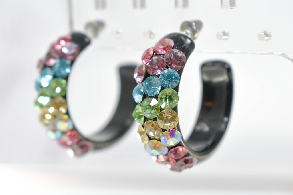 Black Diagonal Pattern Bling Lucite Light Multicolor Rhinestones 1.25" Hoop Earrings Pageant Weddings Night Out