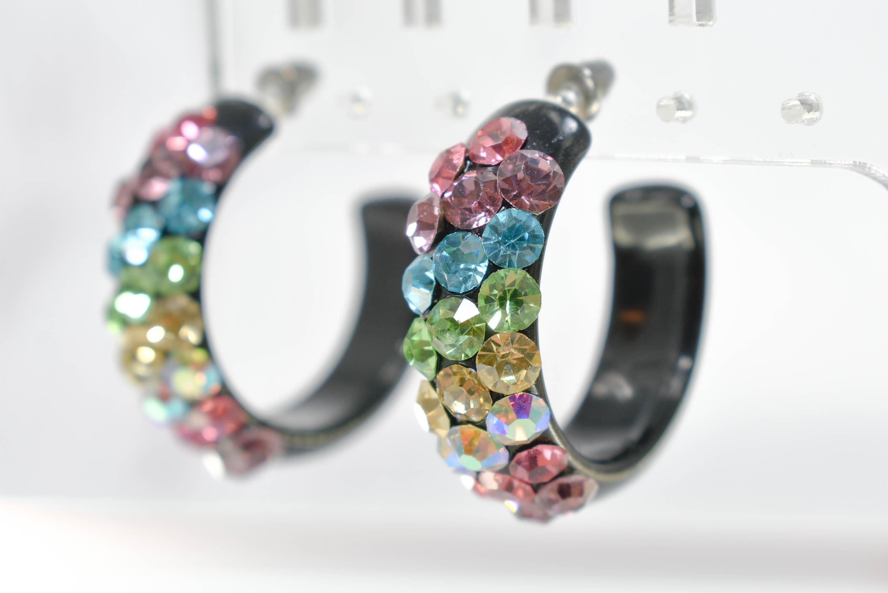 Black Diagonal Pattern Bling Lucite Light Multicolor Rhinestones 1.25" Hoop Earrings Pageant Weddings Night Out