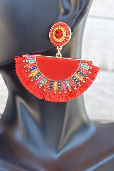 Statement Boho Red Fan Shape Beaded Tassel Dangle Earrings Women Gifts Vacation