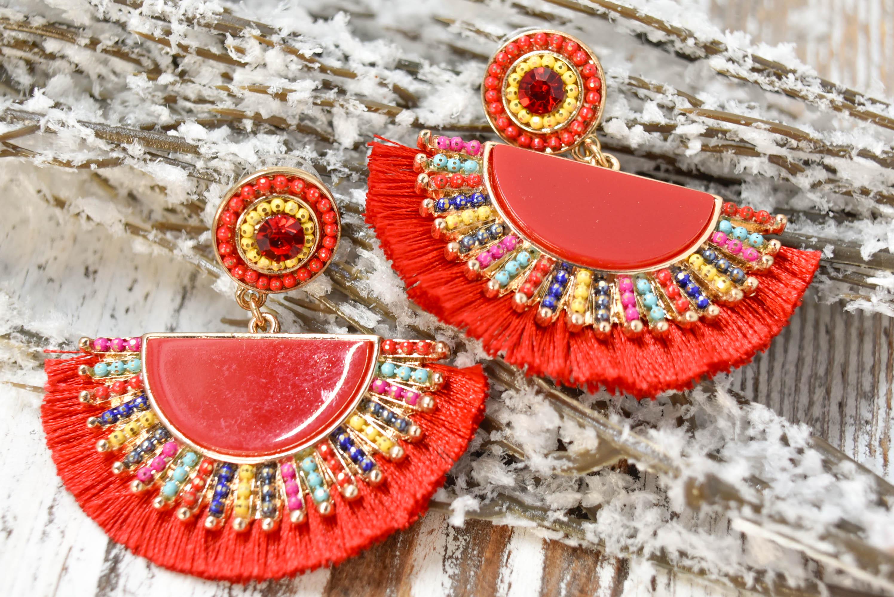 Statement Boho Red Fan Shape Beaded Tassel Dangle Earrings Women Gifts Vacation