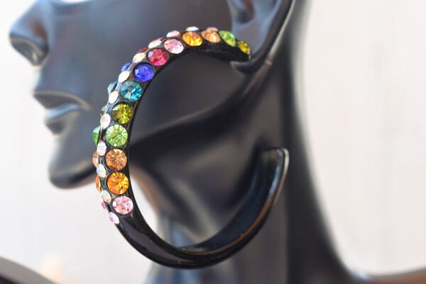 Black 3 Row Bling Statement Acrylic Lucite Multicolor Rhinestones 2.5" Women's Hoop Earrings Pageant Weddings Night Out