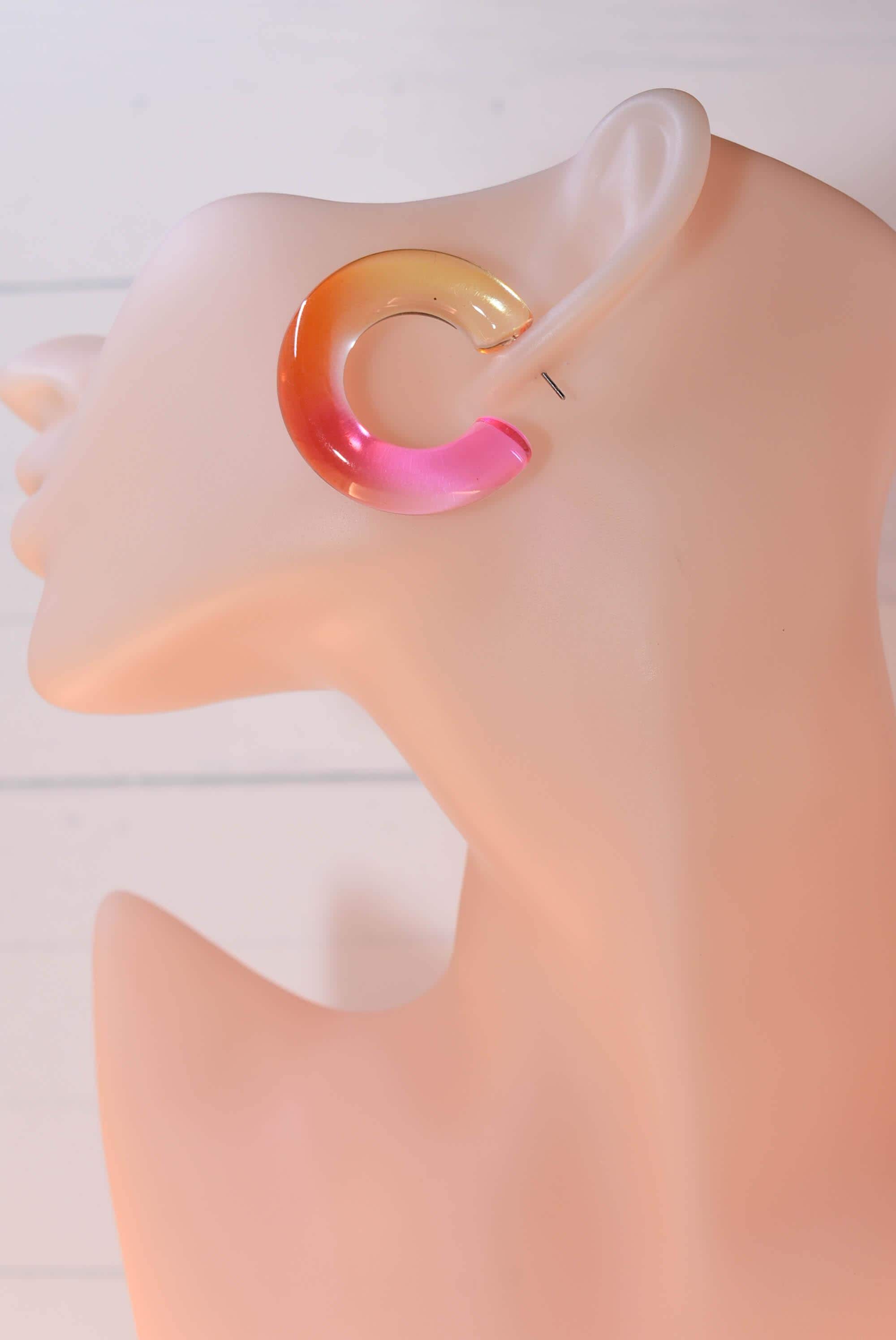 Translucent Gradient Amber Orange Pink Boho Semi Chunky Lucite Ombre Jelly 1.5" Hoop Earrings