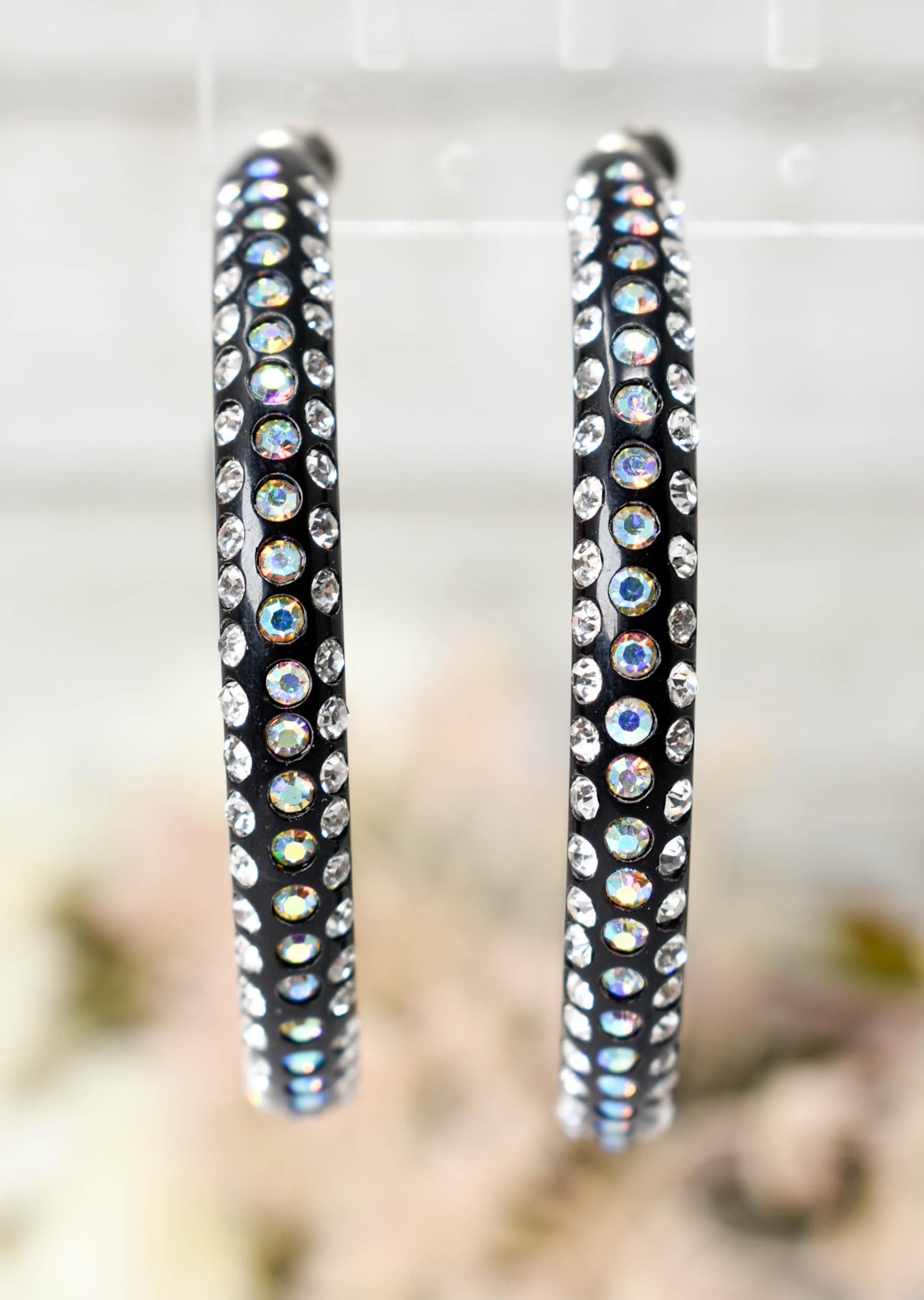 Black 3 Row Bling Statement Acrylic Lucite AB Iridescent Rhinestones 2.25" Women's Hoop Earrings Pageant Weddings Night Out Diva Pageant