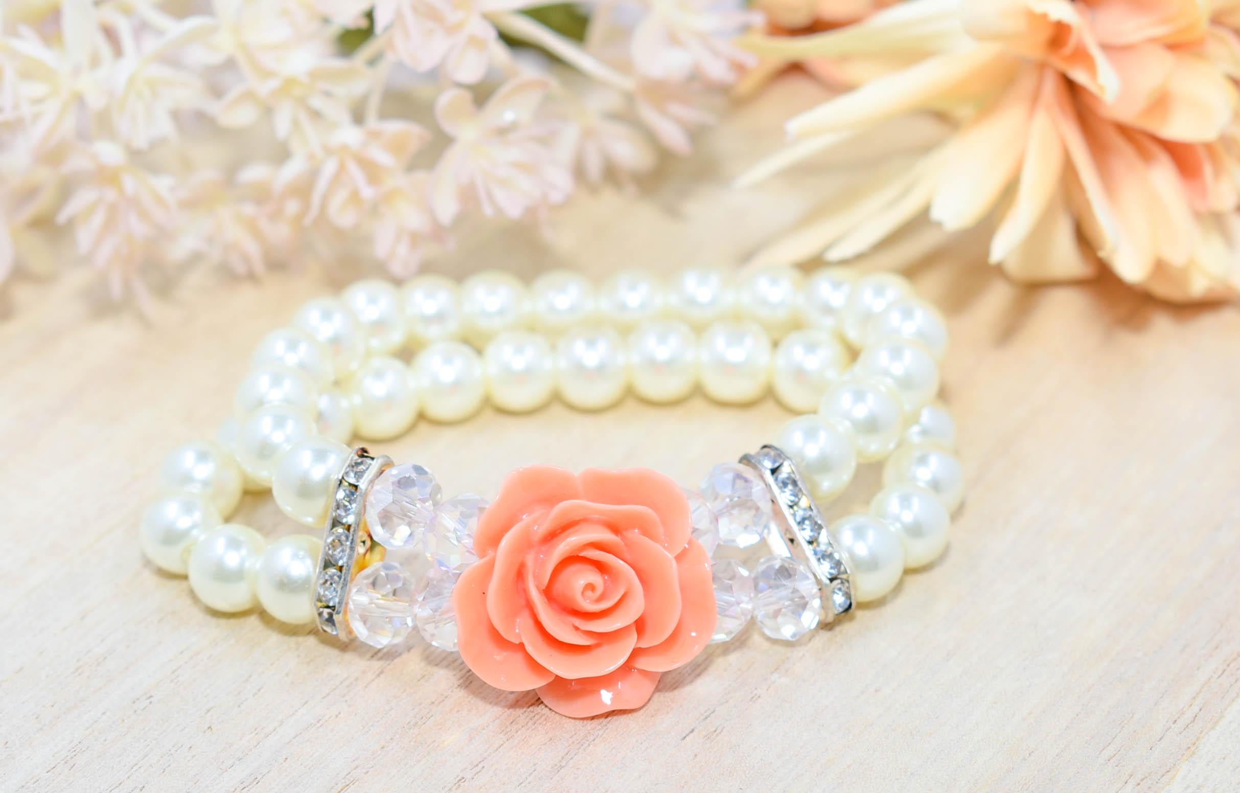 Elegant Double Strand Faux Pearl Crystal Bead Coral Rose Charm Stretch Bracelet