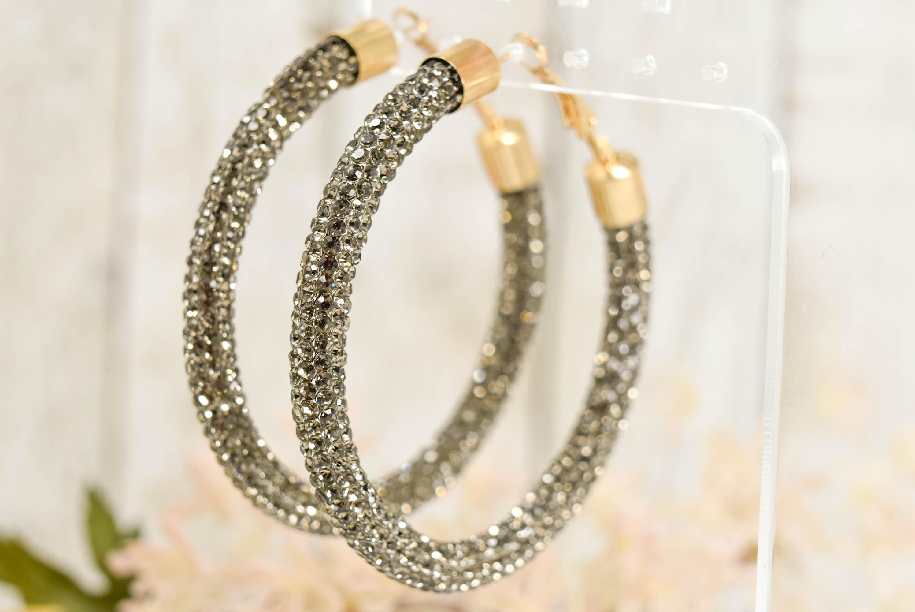 2.5" Large Bronze Bling Diva Pave Resin Set Rhinestone Hoop Earrings Women Party Night Out Pageant Jewelry Night Out Boujee Glam