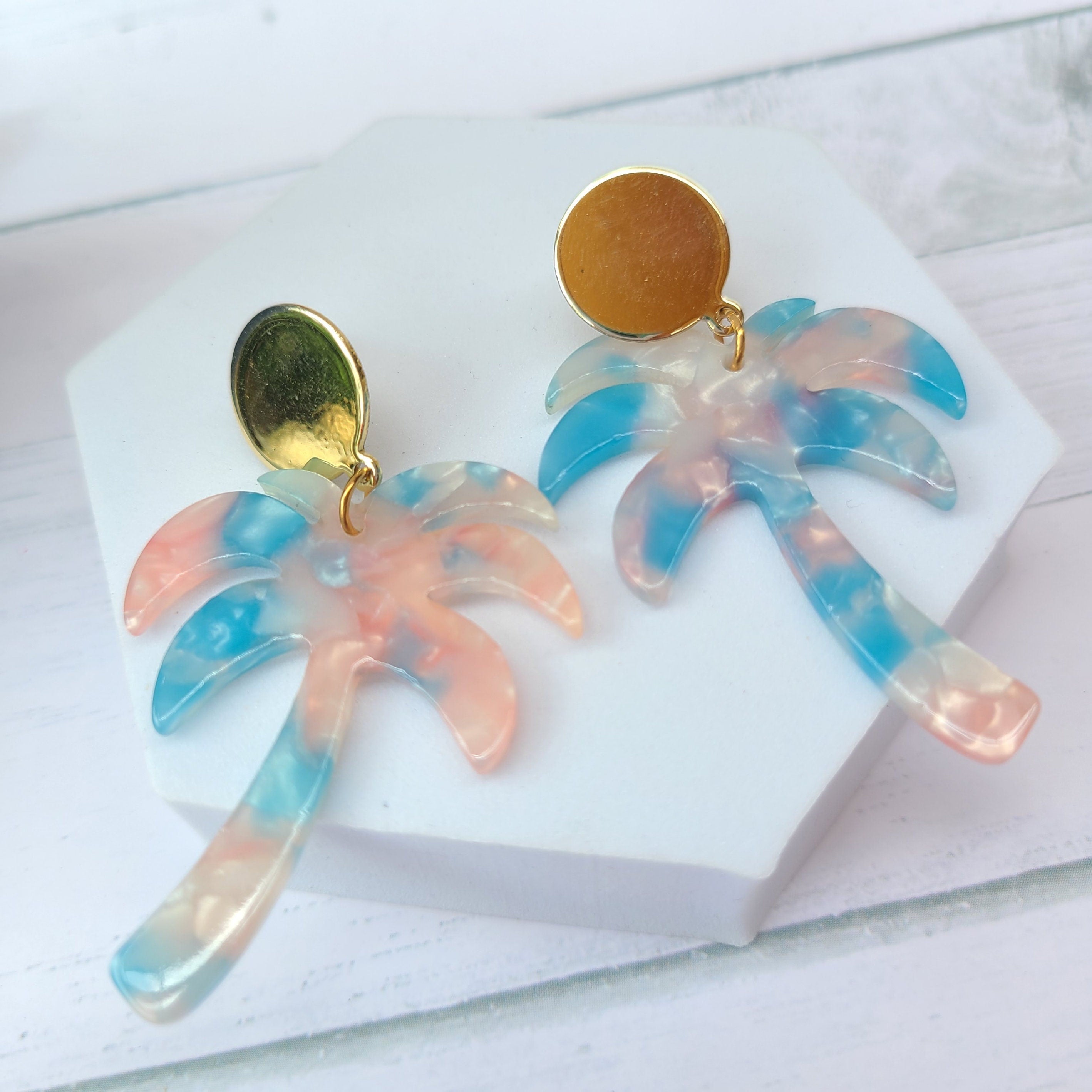 Blue/Pink Marbled Acetate Lucite Dangle Tropical Palm Tree Earrings