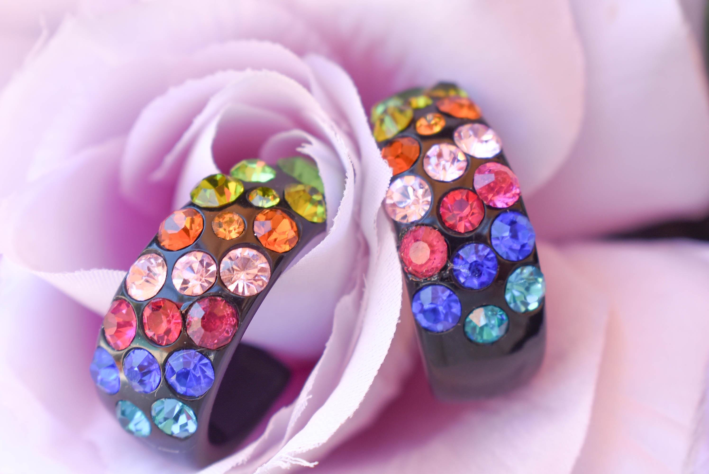 Black Bling Statement Semi Wide Multicolor Diagonal Rhinestones 1" Women's Hoop Earrings Pageant Weddings Night Out Diva Pageant