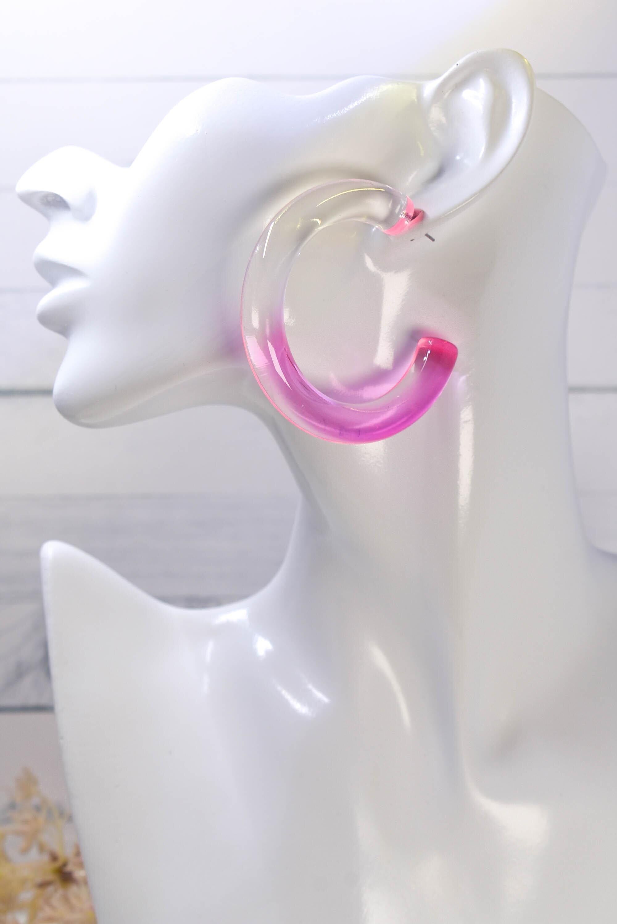 Translucent Gradient Clear Pink Retro Statement Chunky Lucite Ombre Hoop Earrings