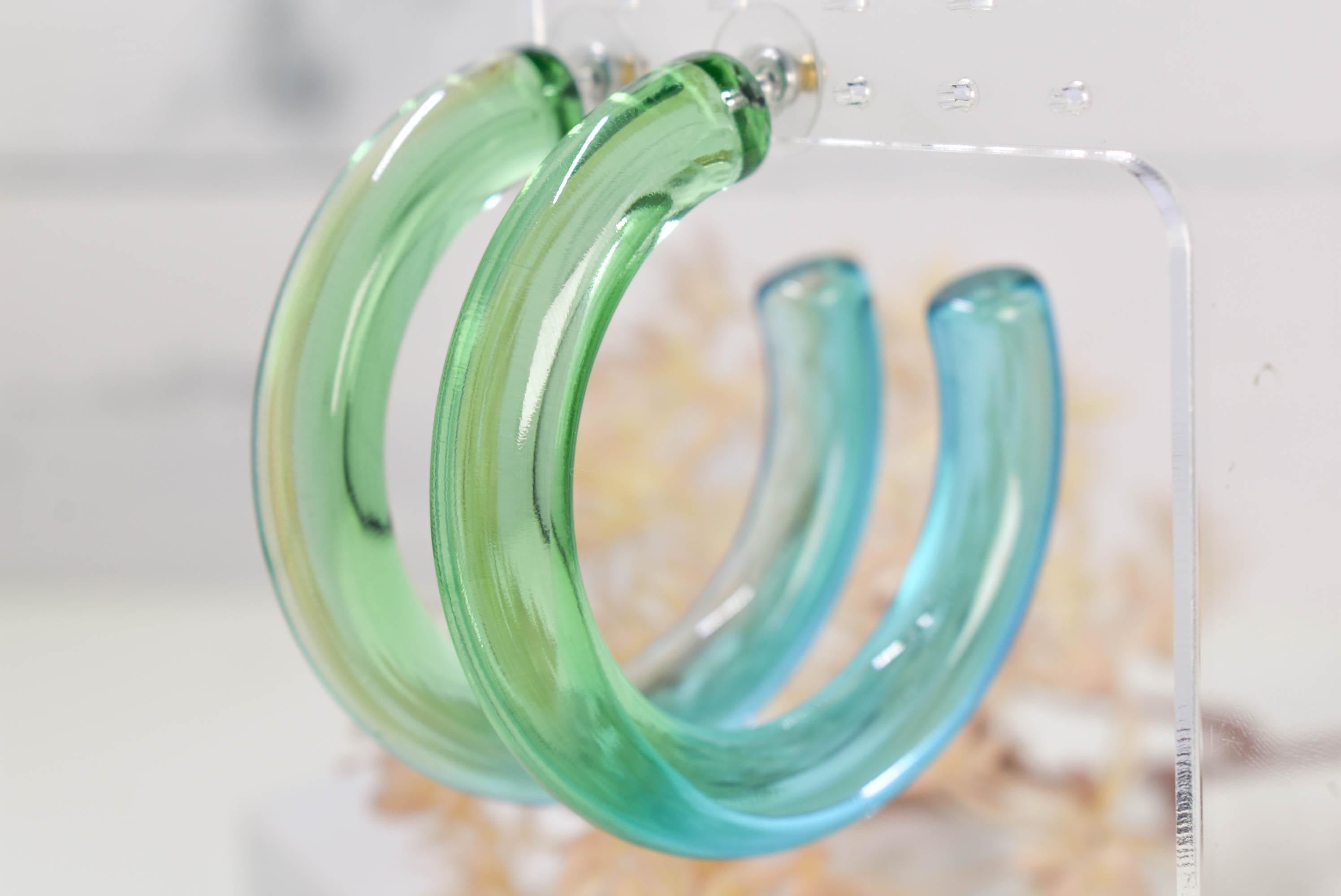 Statement Gradient Light Green to Light Blue Chunky Lucite Translucent Ombre Boho Hoop Earrings