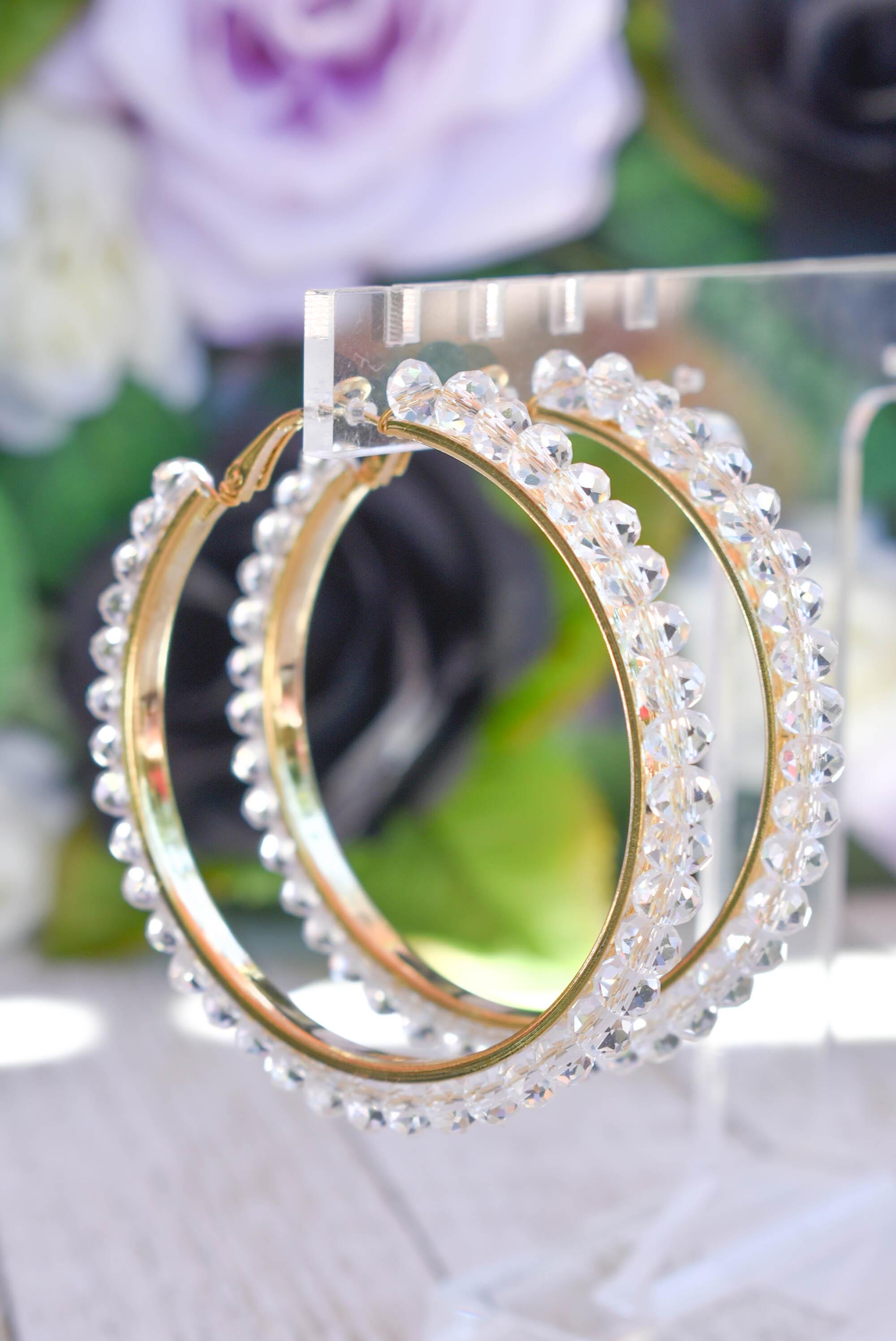 Statement Boho Clear Crystal Glass Beads 2.75" Gold Tone Hoop Earrings Stylish Jewelry Women's Fashion Diva Accessories Pageants