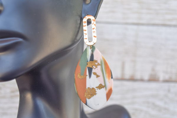 Boho Fashion Statement Handmade Camouflage Polymer Clay Gold Flakes "Abby Army" Dangle Drop Earrings Gifts Women