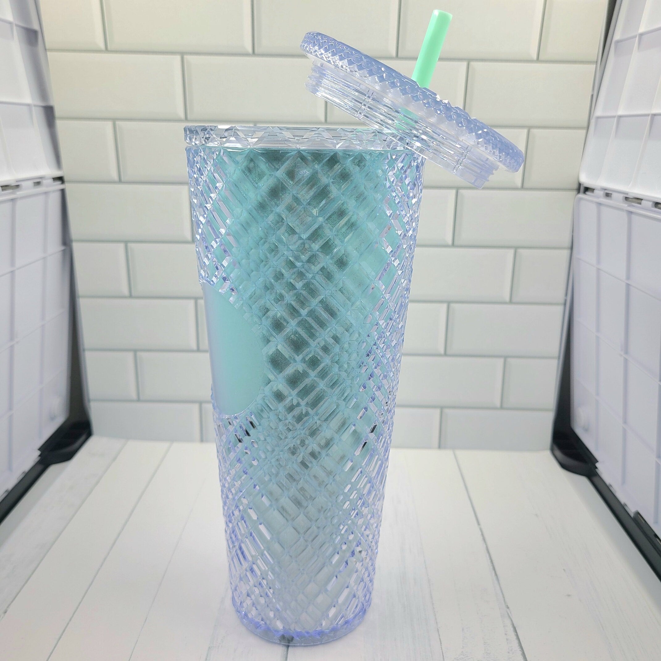 24oz Mint Shimmery Diamond Grid Studded Textured To Go Travel Tumbler Cup Blank Center Circle with Lid and Straw BPA Free