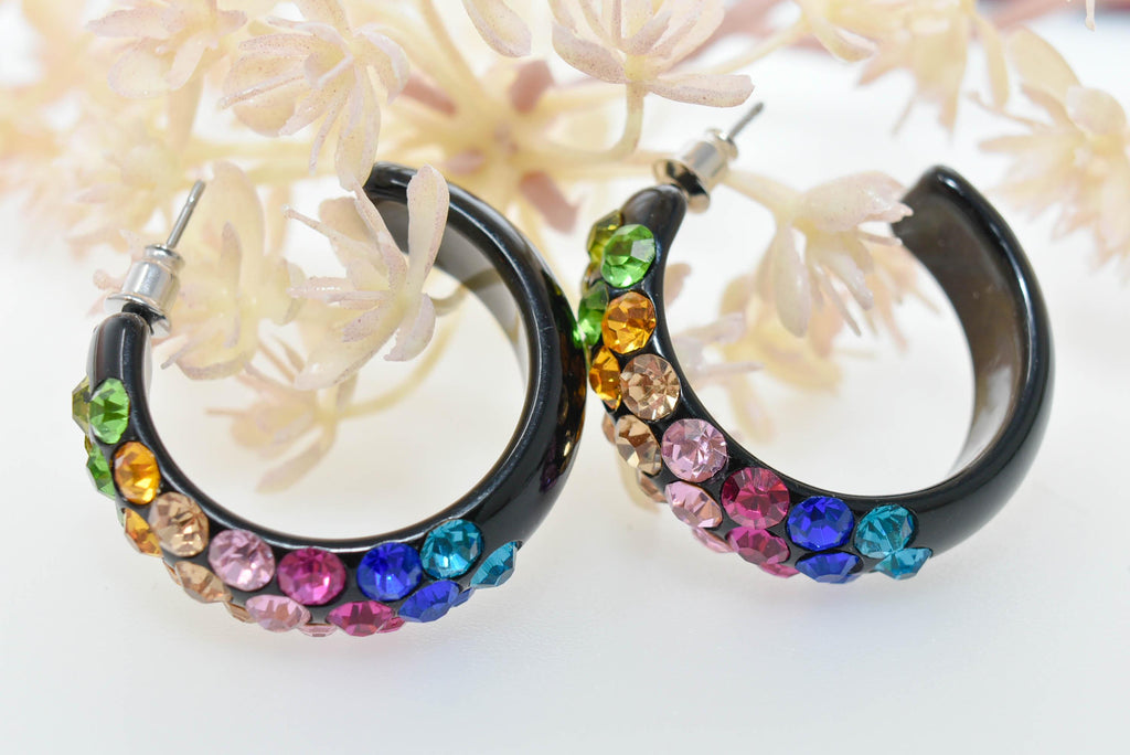 Black Diagonal Pattern Bling Lucite Vivid Multicolor Rhinestones 1.25" Hoop Earrings Pageant Weddings Night Out