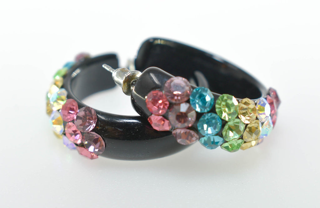 Black Diagonal Pattern Bling Lucite Light Multicolor Rhinestones 1.25" Hoop Earrings Pageant Weddings Night Out