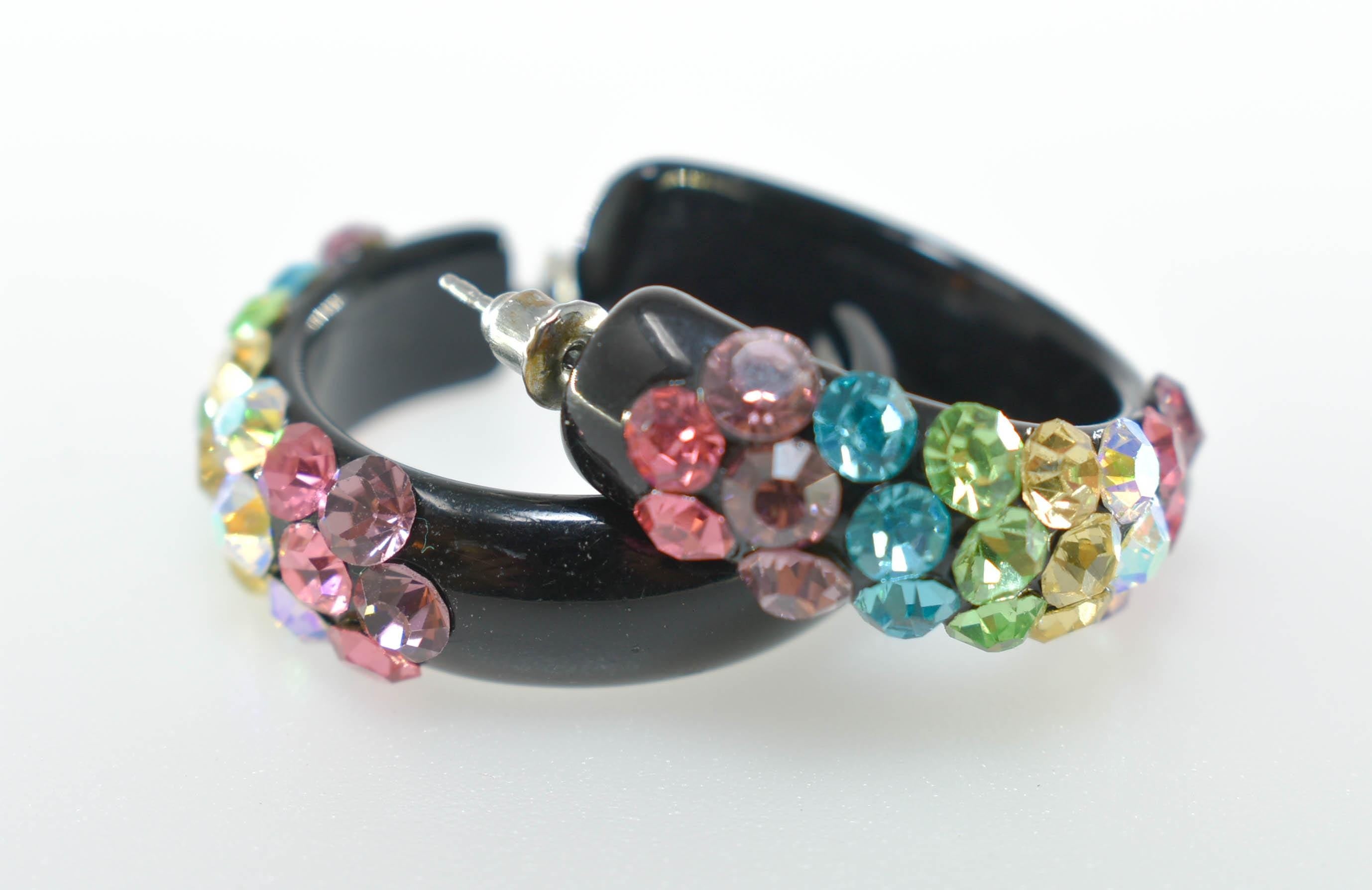 Black Diagonal Pattern Bling Lucite Light Multicolor Rhinestones 1.25" Hoop Earrings Pageant Weddings Night Out