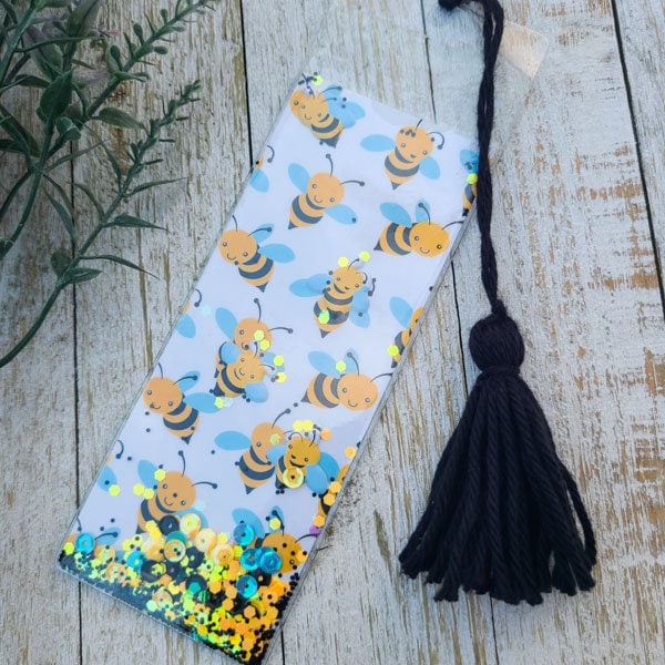 Cute Bumble Bee Theme Pattern Glitter & Sequin Shaker Double Sided Bookmark  Book Lovers Stocking Stuffer Gifts Kids Spring