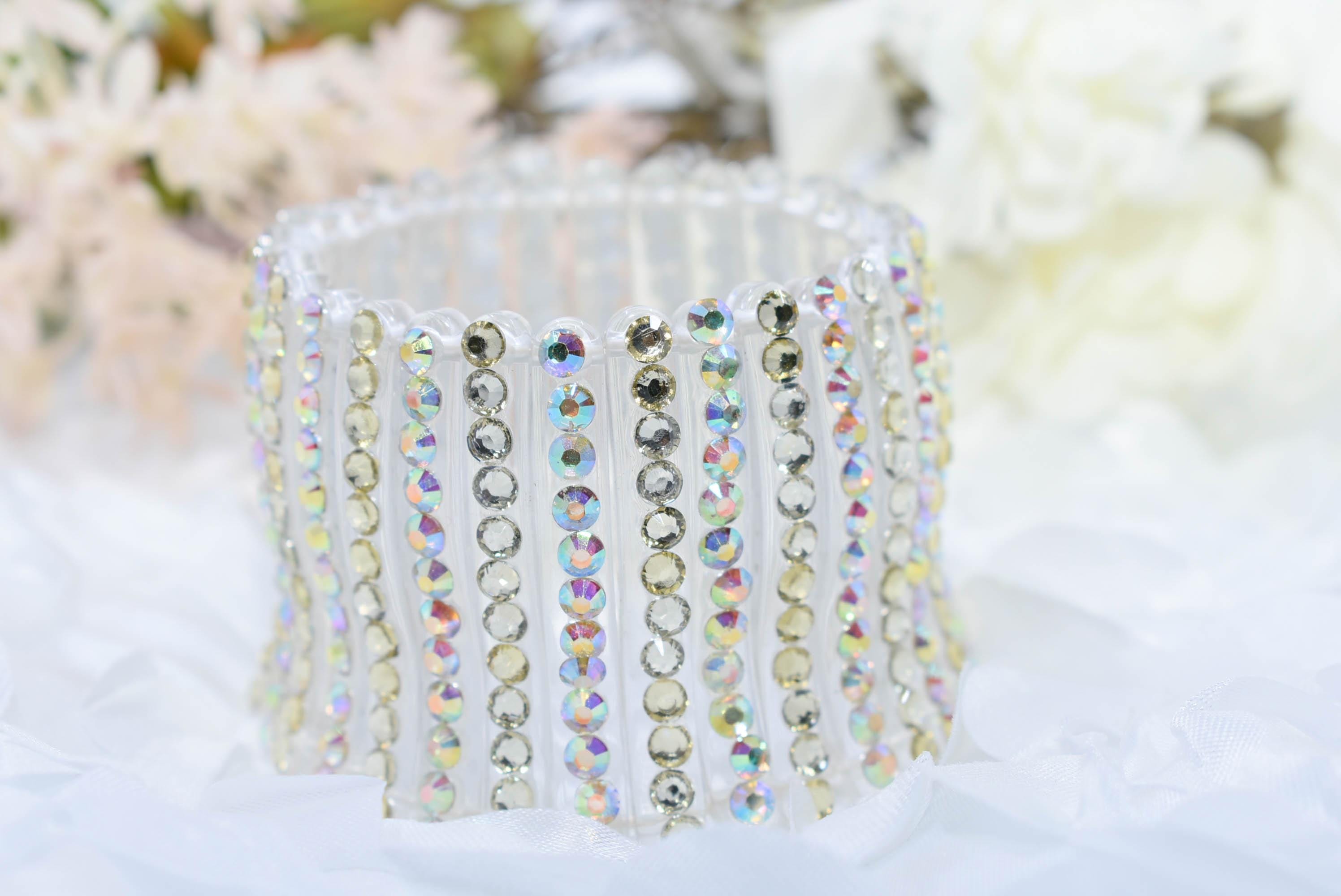 Clear Stretch Segmented Bracelet with AB and Clear Rhinestones Women's Fashion Statement Jewelry Pageant Night Out