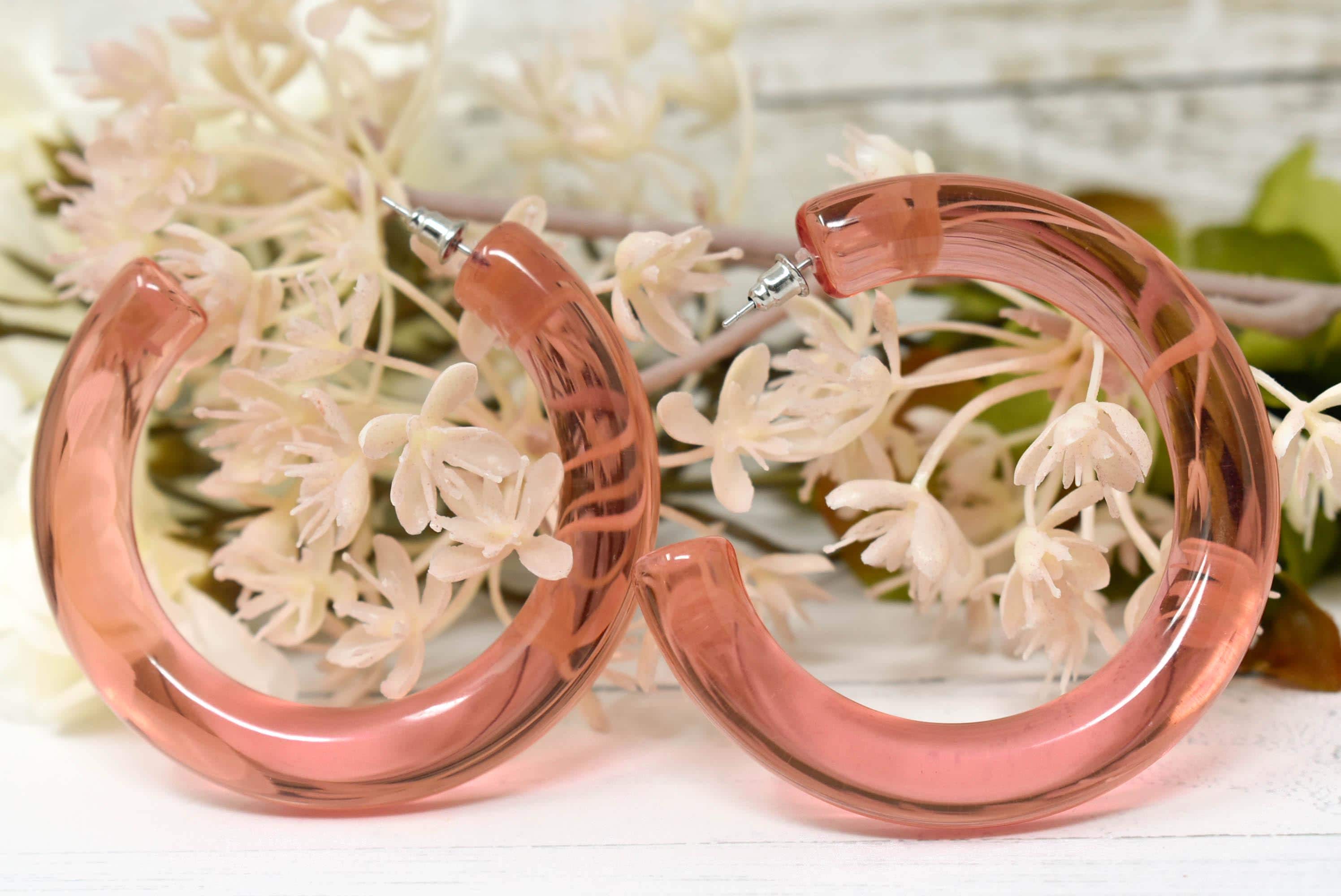 Translucent Clear Pink Peach Retro Chunky Lucite Hoop Earrings
