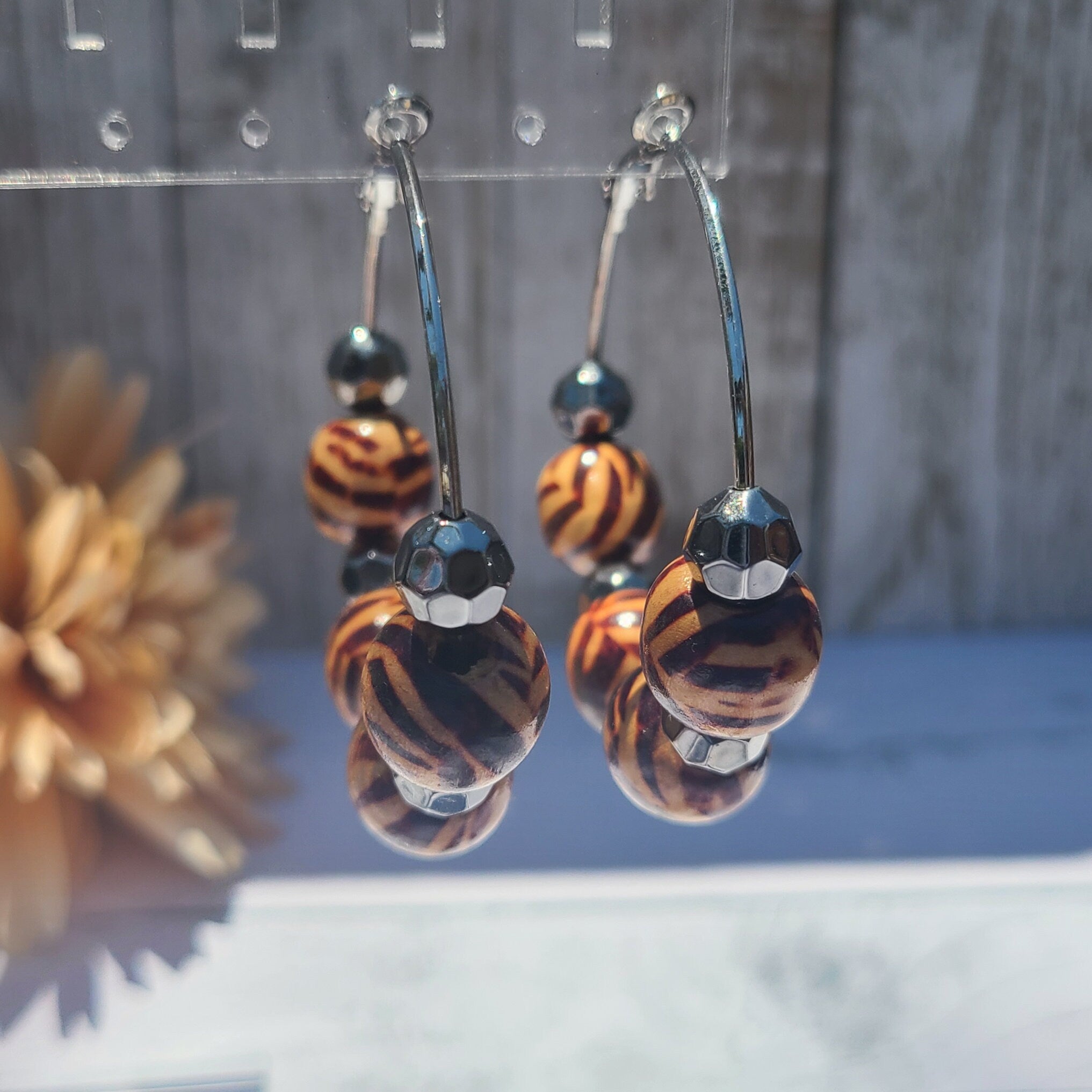 Statement Zebra Safari Animal Print Wooden Bead Hoop Earrings Women Vacation Themed Party
