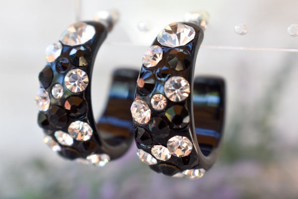 Black Bling Statement Semi Wide Lucite Black/Clear Diagonal Rhinestones 1" Women's Hoop Earrings Pageant Weddings Night Out Diva Pageant