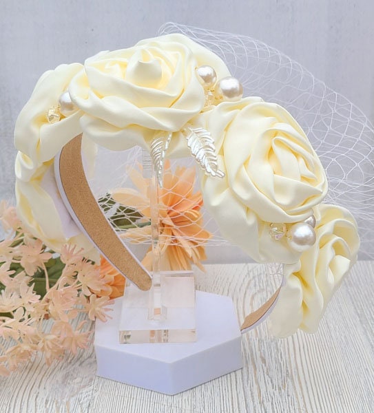 Ivory Satin Rose Bridal Headband: Wedding Veil Fascinator