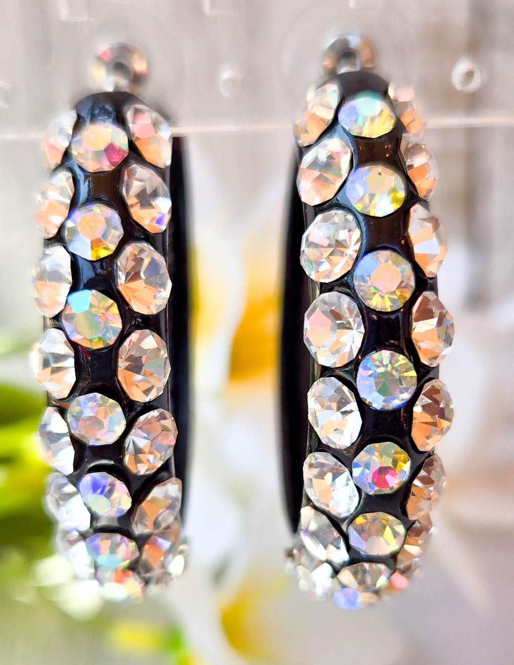 AB & Clear Large Rhinestones Bling Statement 1.75" Black Metal Hoop Earrings Night Out Boujee Evening Special Occasion Women's Jewelry