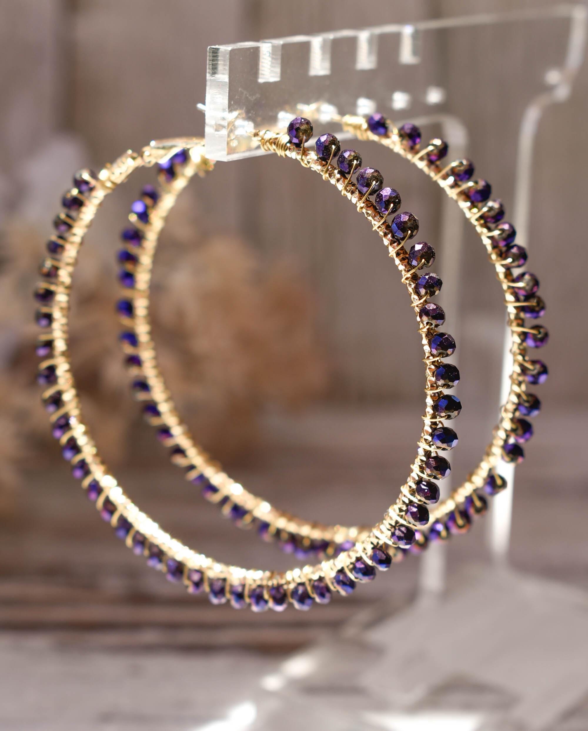 Boho Hematite Purple Mini Crystal Glass Beads 2.75" Gold Tone Hoops