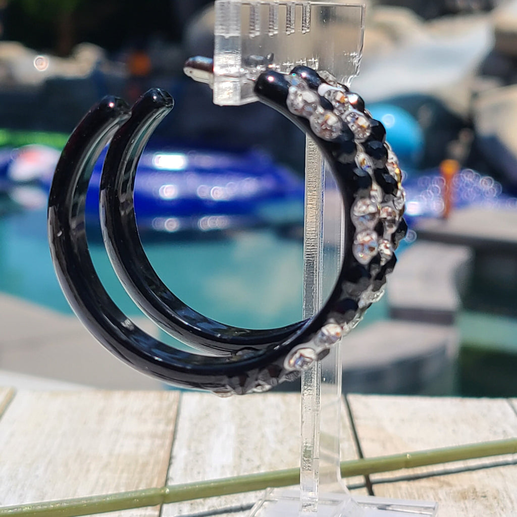 Black Bling Statement Acrylic Lucite Clear/Black Rhinestones 2" Women's Hoop Earrings with White Paint Accent Pageant Weddings Night Out