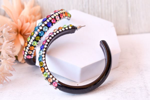 Black 5 Row Bling Statement Acrylic Lucite Multicolor Rhinestones 2.5" Women's Hoop Earrings Pageant Weddings Night Out Diva Pageant