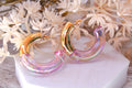 Two Toned Retro Gold Color/Iridescent Light Purple Translucent Lucite 1.5" Hoop Earrings