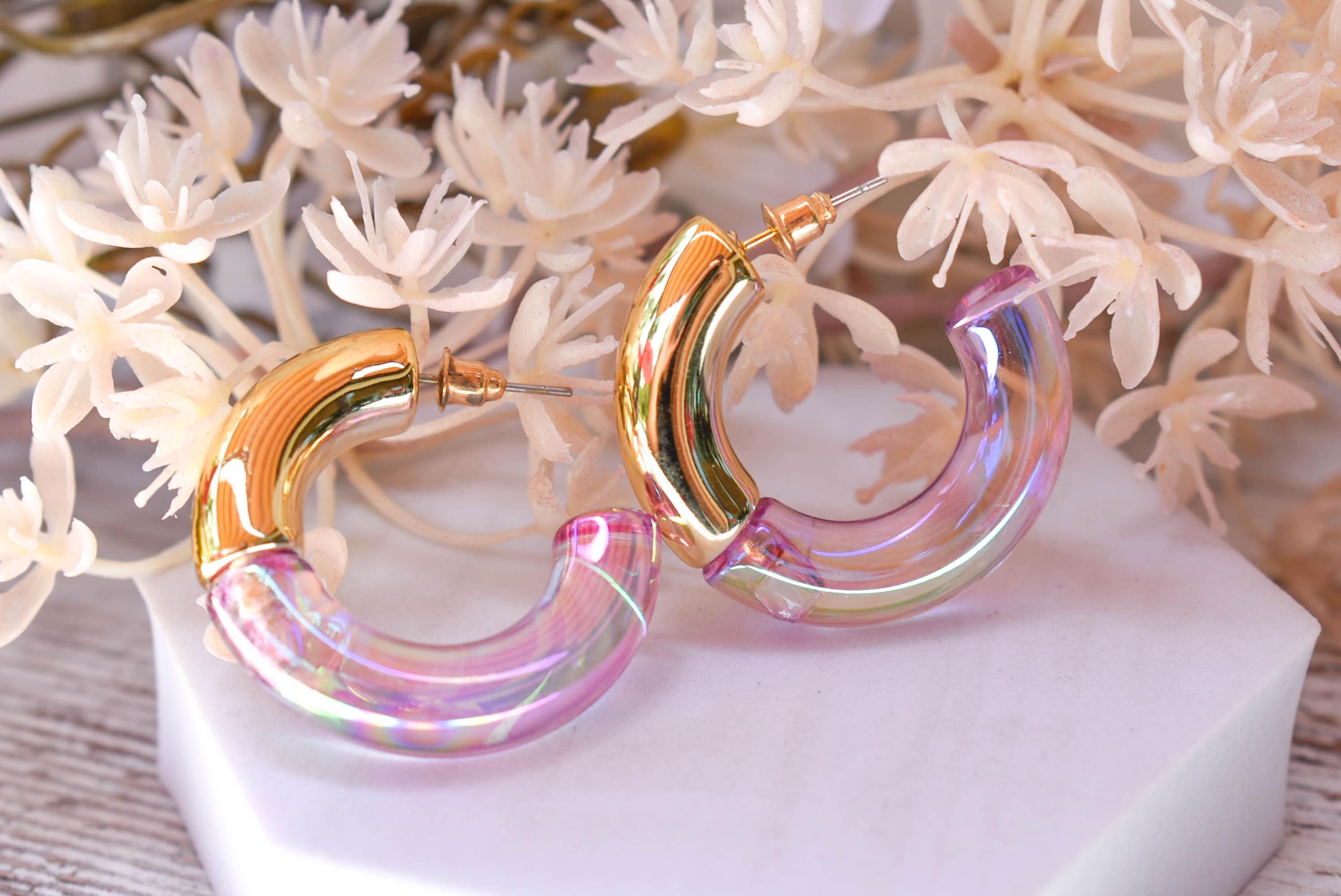 Two Toned Retro Gold Color/Iridescent Light Purple Translucent Lucite 1.5" Hoop Earrings