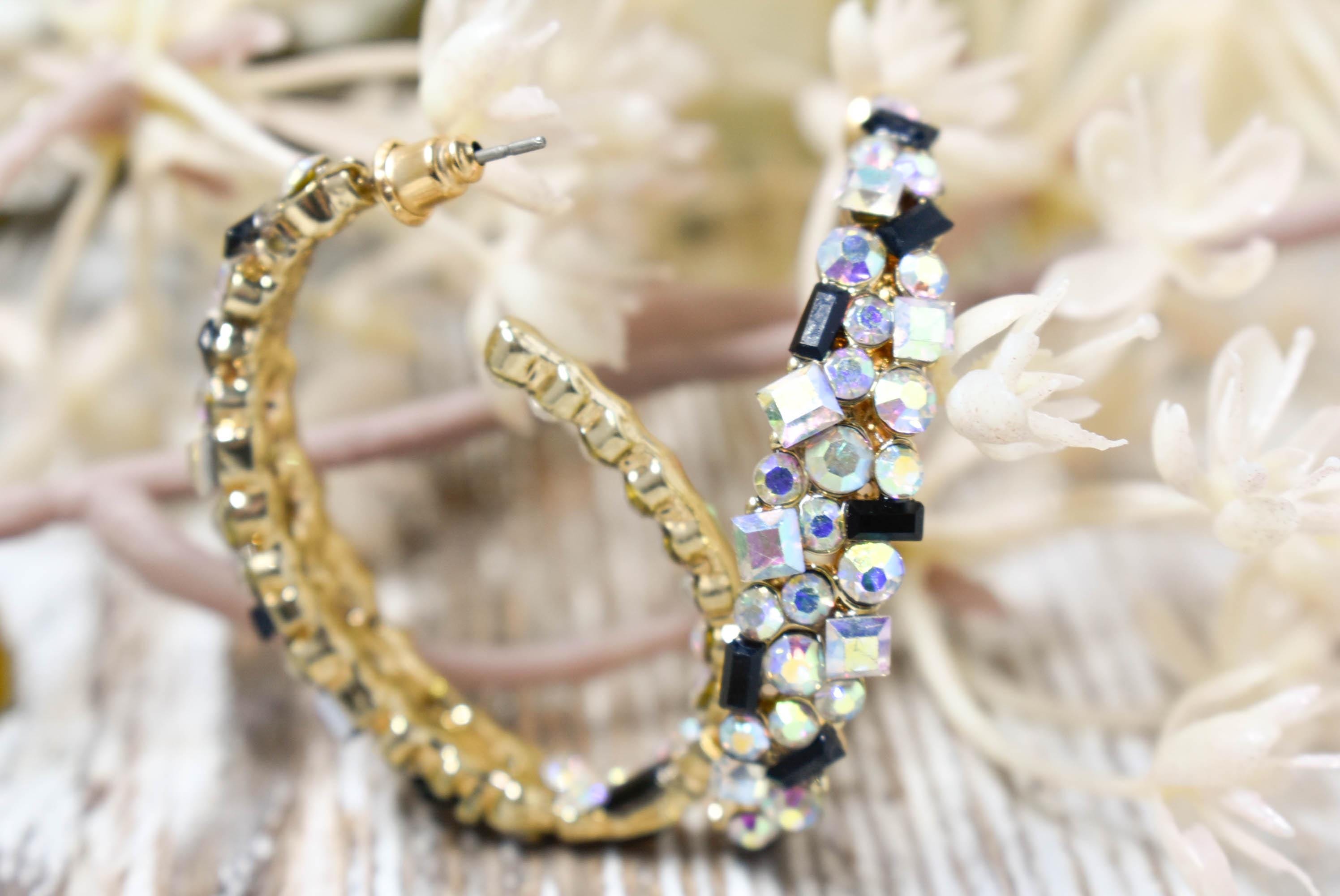 Bling Diva Semi Oblong Gold Tone AB Iridescent, Clear and Black Rhinestone Embellished Hoop Earrings Fashion Accessory Pageant Jewelry