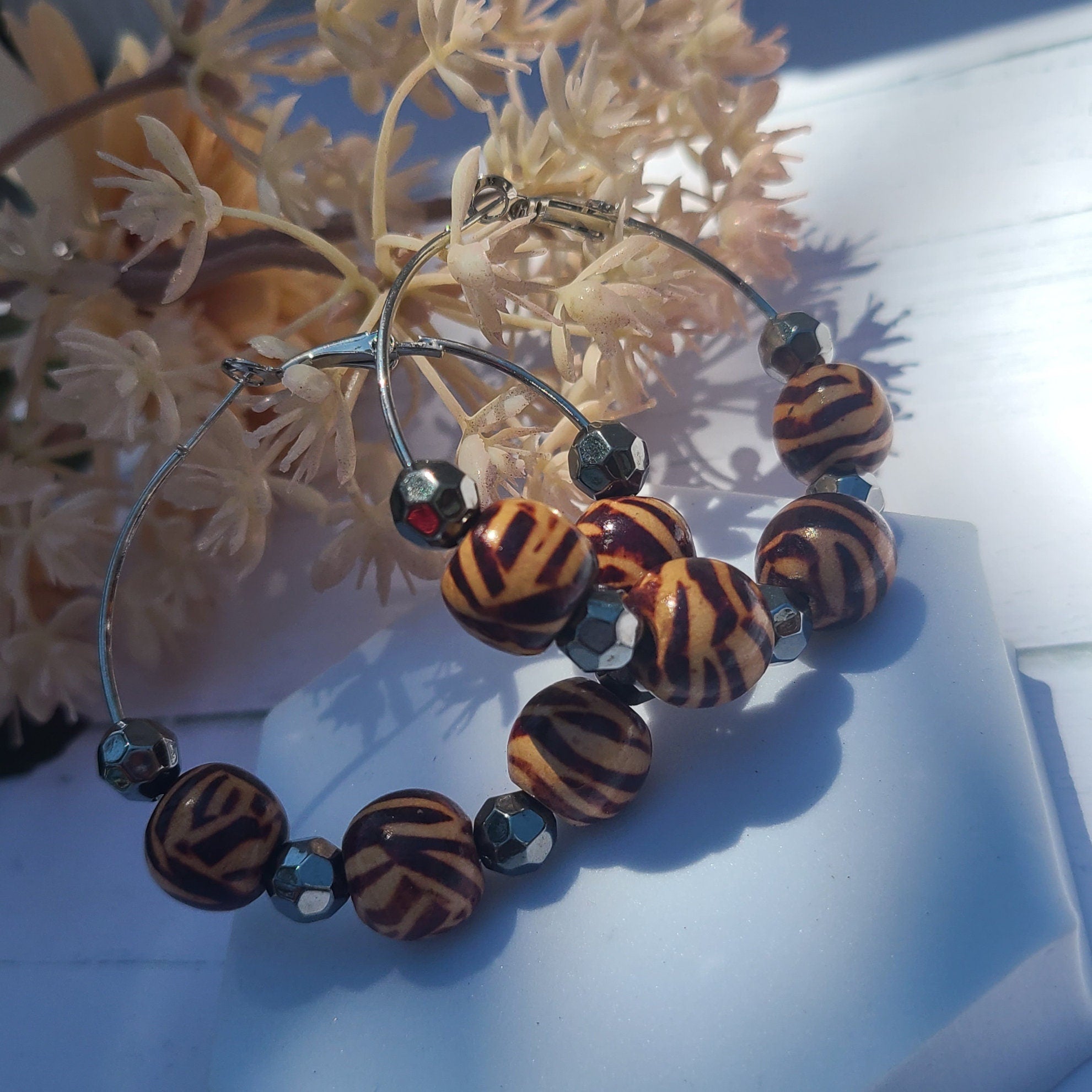 Statement Zebra Safari Animal Print Wooden Bead Hoop Earrings Women Vacation Themed Party