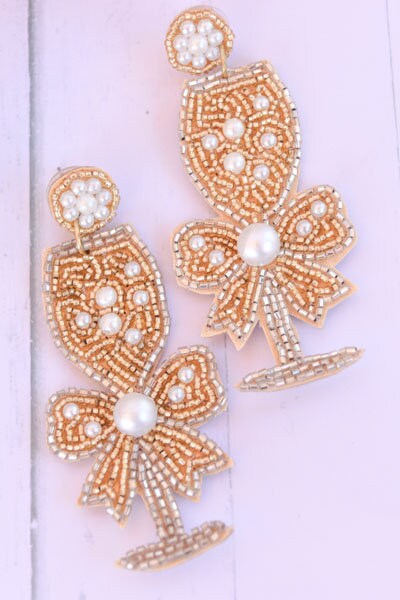 Bachelorette Bridal Shower Statement Gold Color Seed Bead Bow Accent Champagne Flute Glass Dangle Drop Earrings Women Weddings Bride