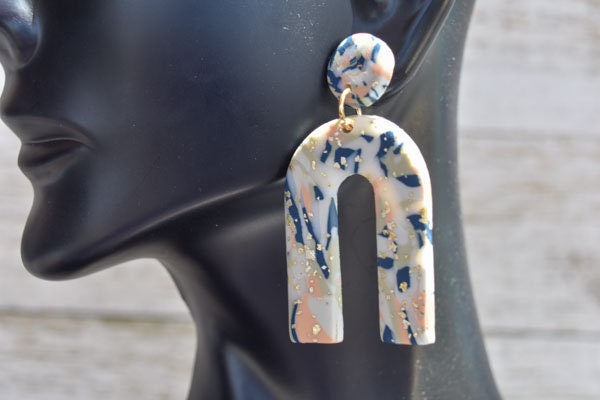 Boho Fashion Statement Handmade Polymer Clay "Brianne" Gold Flakes Dangle Earrings Gifts Women