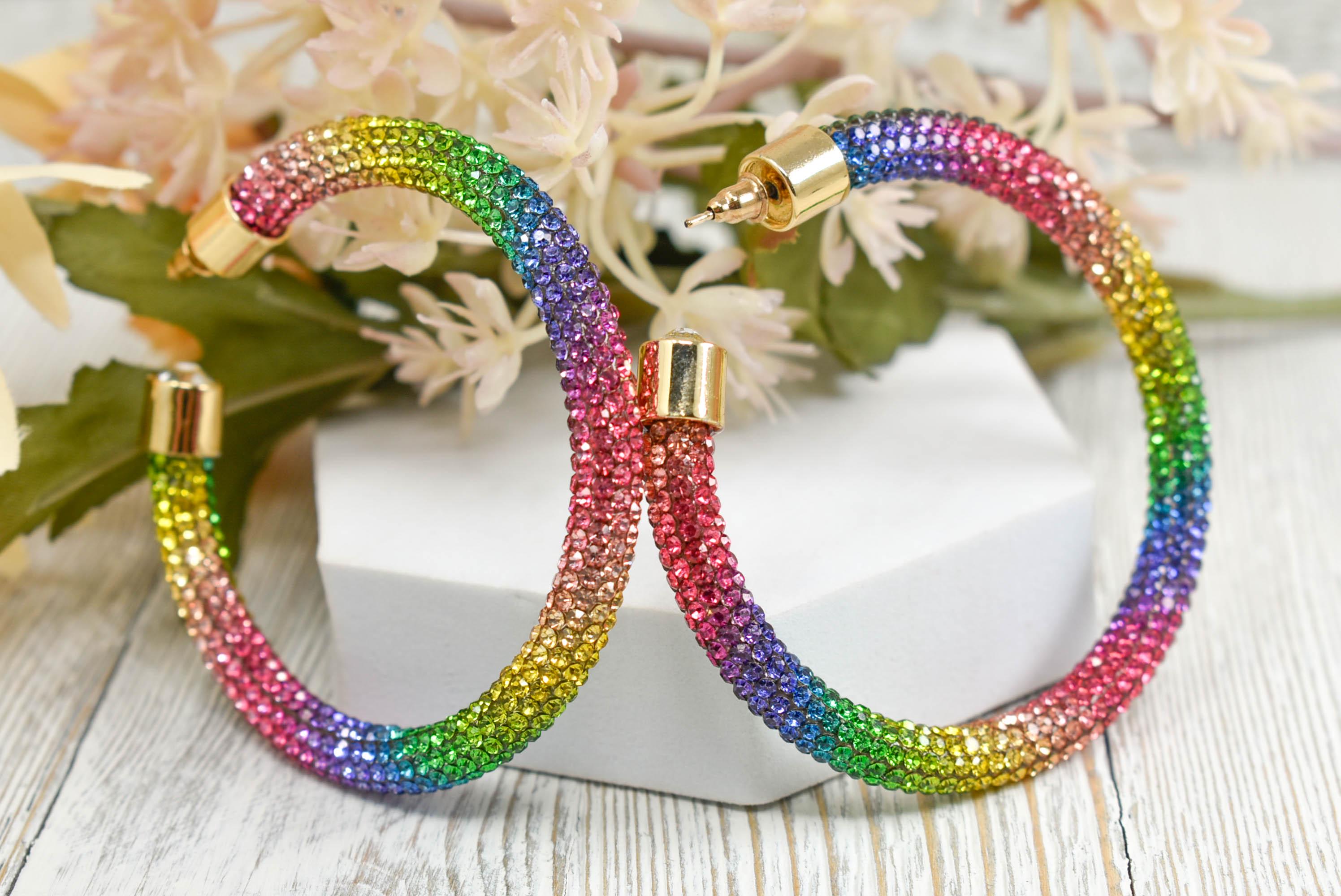 2.5" Ladies Bohemian Multicolor Rainbow Rhinestone Sparkle Wrap Pave Open Hoop Earrings Stone Accent Women Party Night Out