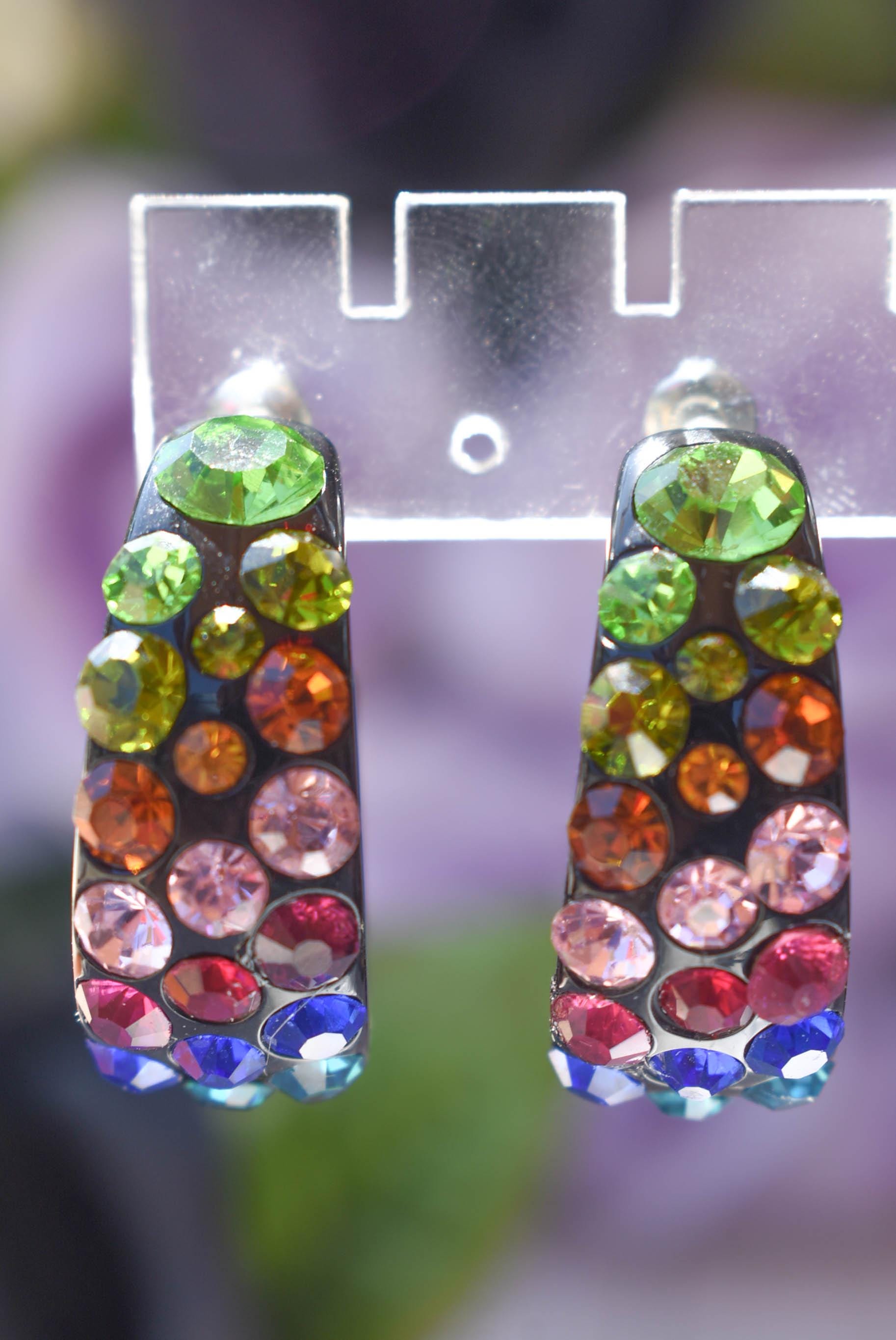 Black Bling Statement Semi Wide Multicolor Diagonal Rhinestones 1" Women's Hoop Earrings Pageant Weddings Night Out Diva Pageant