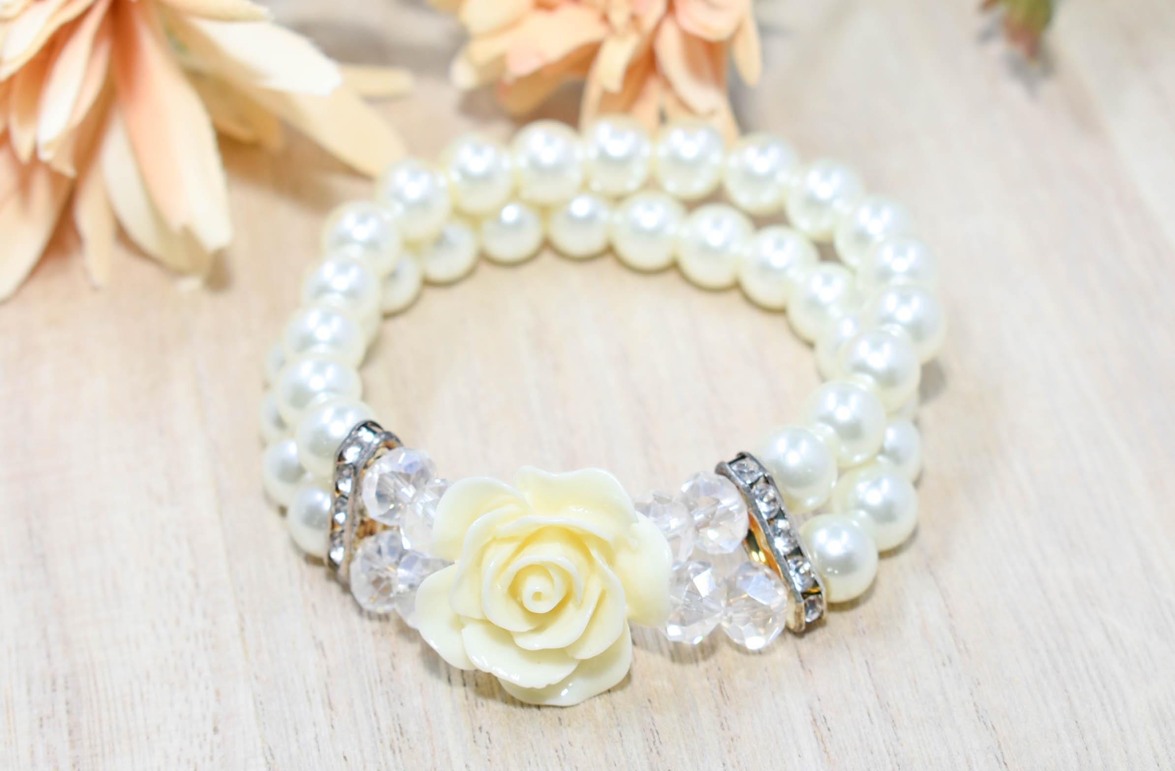 Elegant Double Strand Faux Pearl Crystal Bead Ivory Rose Charm Stretch Bracelet