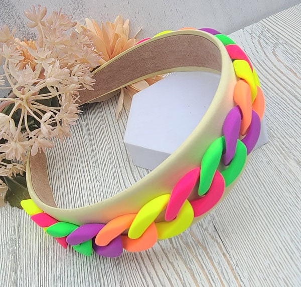 Colorful Retro 80's Vibe Satin Wide Headband with Neon Matte Chunky Chain Link Accent Costume Boho Hair Accessory Women Girls
