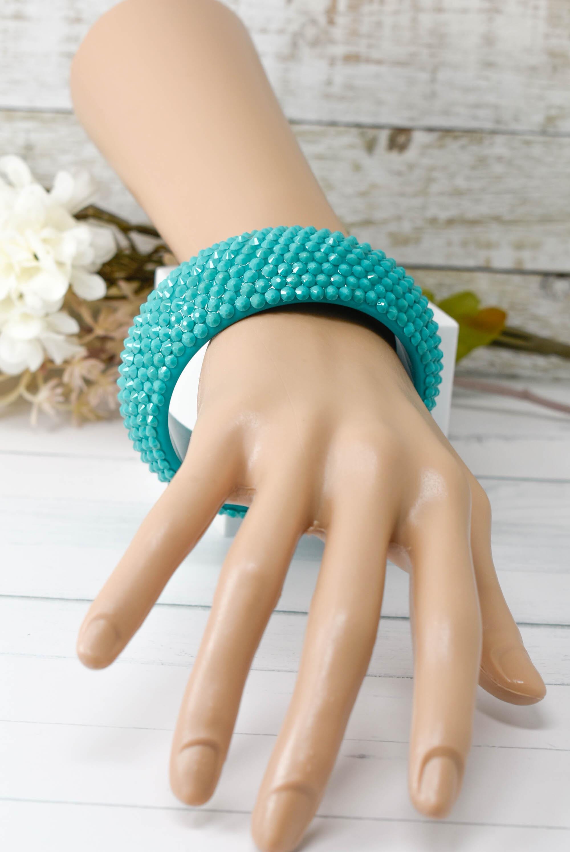 Retro Neon Aqua Blue Chunky Rhinestone Embellished Summer Bangle Bracelet