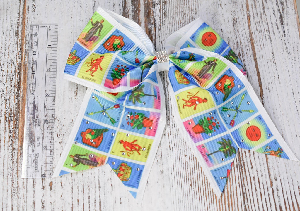 Large Loteria Print Rhinestone Embellished Hair Bow Alligator Clip Girls Women Theme Hair Accessory Mexican Hispanic Culture