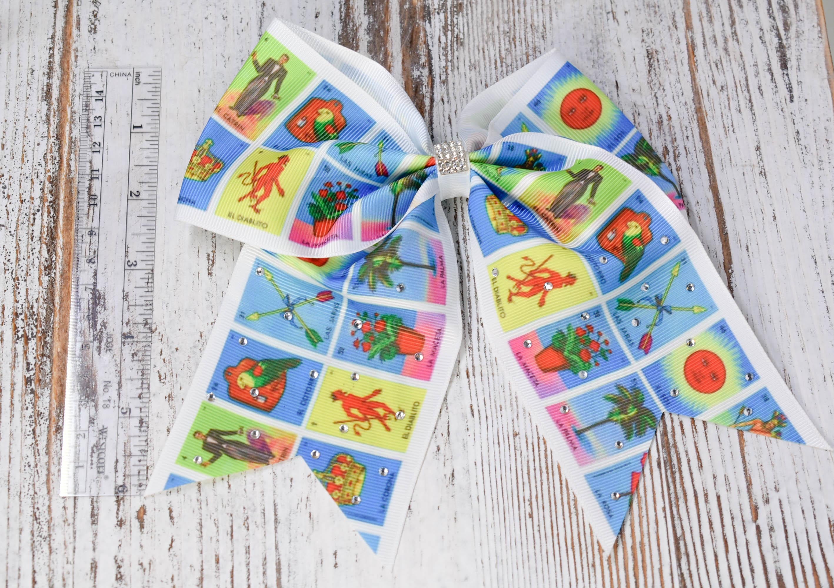 Large Loteria Print Rhinestone Embellished Hair Bow Alligator Clip Girls Women Theme Hair Accessory Mexican Hispanic Culture