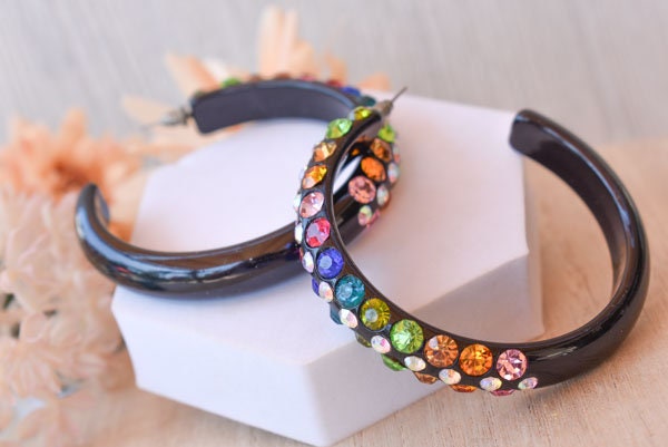 Black 3 Row Bling Statement Acrylic Lucite Multicolor Rhinestones 2.5" Women's Hoop Earrings Pageant Weddings Night Out
