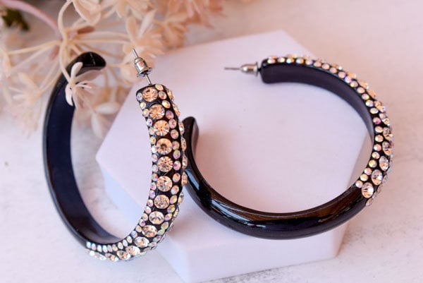 Black 5 Row Bling Statement Acrylic Lucite AB/Clear Rhinestones 2.5" Women's Hoop Earrings Pageant Weddings Night Out Diva Pageant