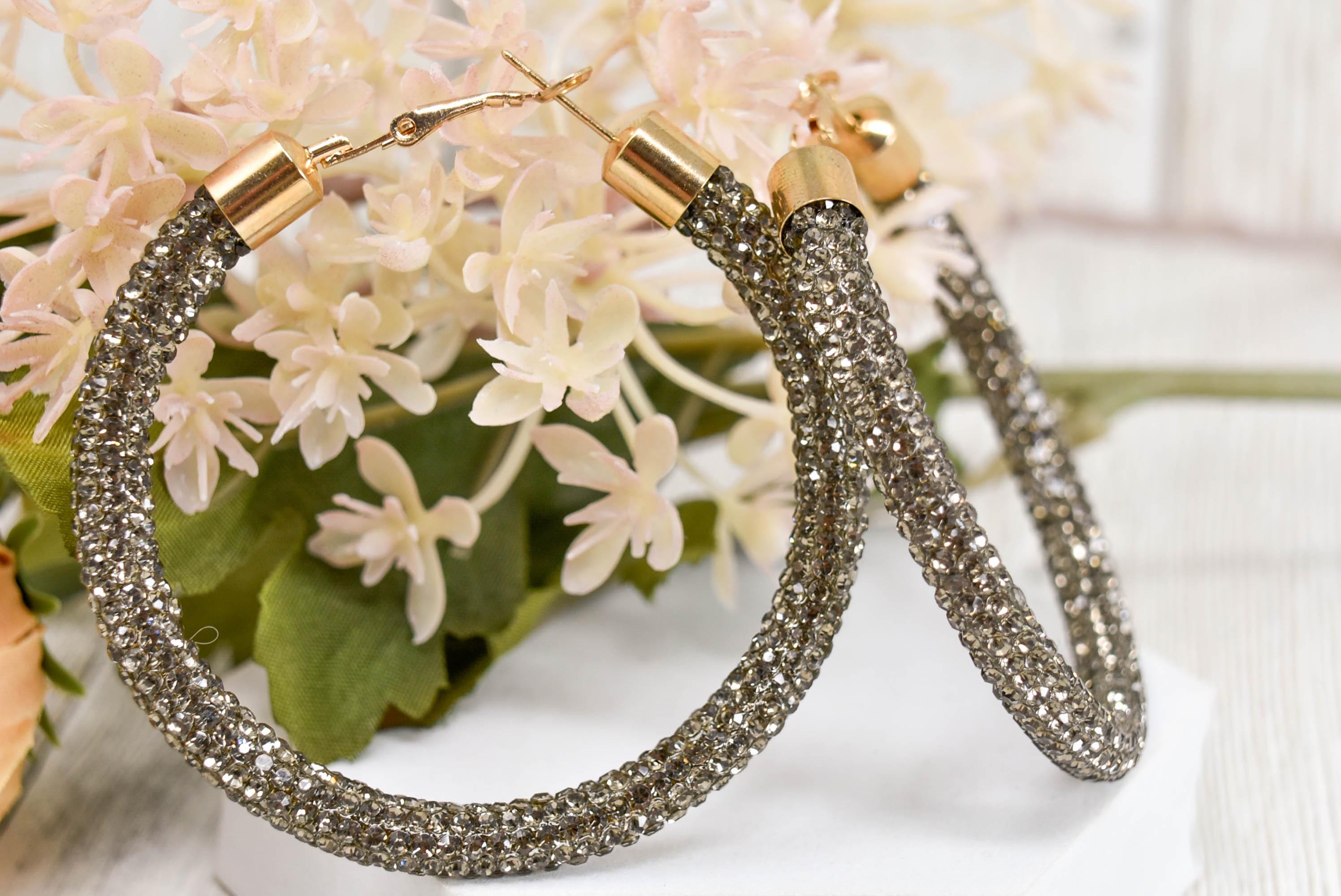 2.5" Large Bronze Bling Diva Pave Resin Set Rhinestone Hoop Earrings Women Party Night Out Pageant Jewelry Night Out Boujee Glam